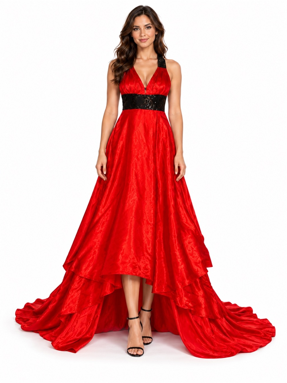 JOVANI red satin maxi dress with black sequin beaded accents w cross cross back